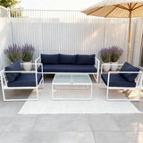 WLSF2532S4 White Aluminum 4-Piece Outdoor Conversation Set with Navy Cushions & Glass Coffee Table – Provence Lavender Patio Set