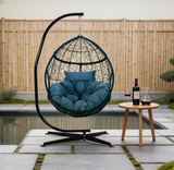 SWC2654 Single Seat Black Wicker Hanging Egg Chair with Stand & Teal Cushion – Zen Garden Poolside Patio Swing Lounge Chair Set