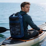 WBP1909 Blue Roll Top Waterproof Dry Backpack with Front Bungee Storage for Kayaking Boating