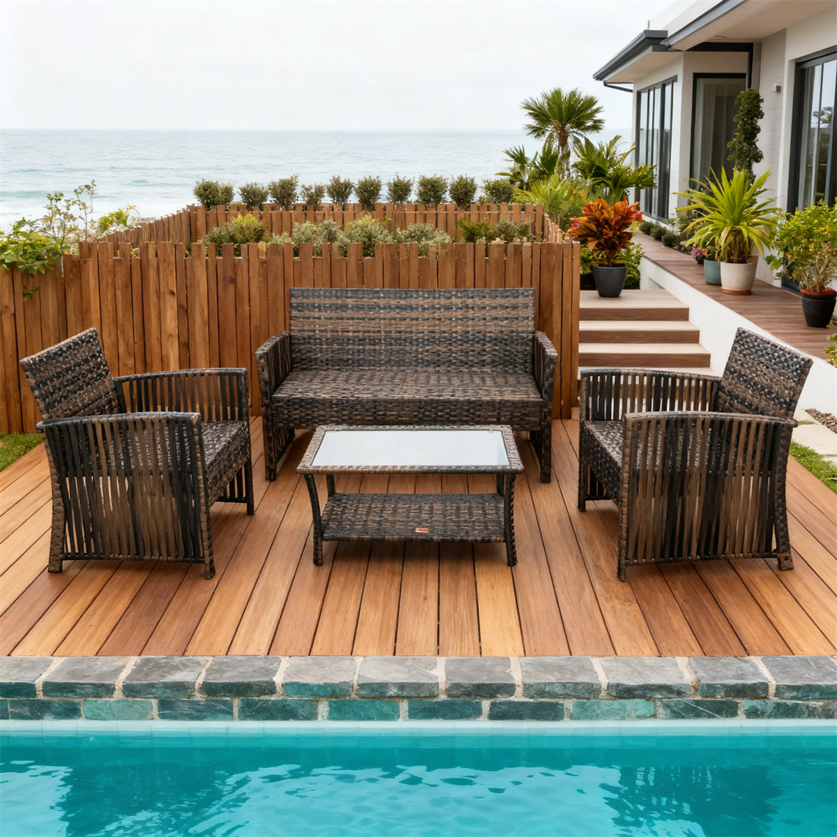 Mixed Brown Wicker Outdoor Lounge Set with Glass Coffee Table – Stylish Patio Furniture