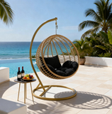 SWC261102 Gold Rattan Hanging Egg Chair with Stand & Cushion – Luxury Coastal Patio Swing Lounge Chair Set