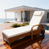 TYSF2607 Light Brown Rattan Wheeled Adjustable Armrest Outdoor Sun Lounger with All-White Cushions & Neck Pillow – Laguna Beach California Coastal Terrace Luxury Relaxed Outdoor Reclining Sunbed