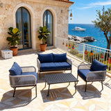 SFTZ260801 Light Grey Wicker Outdoor Lounge Set with Navy Cushions – Mediterranean Coastal Villa Patio 4-Piece Luxury Social Furniture Set
