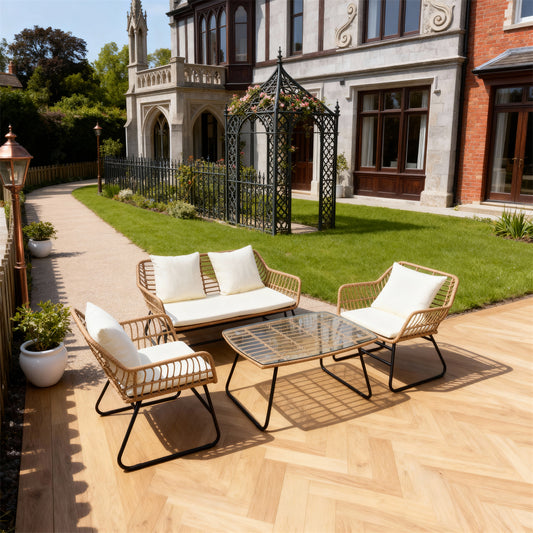 Natural Brown Wicker Outdoor Lounge Set with Cream Cushions & Glass Coffee Table – Stylish Patio Furniture