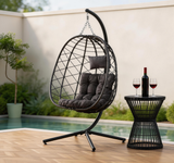 SWC2637 Black Geometric Wicker Hanging Egg Chair with Stand & Cushion – Poolside Patio Swing Lounge Chair Set