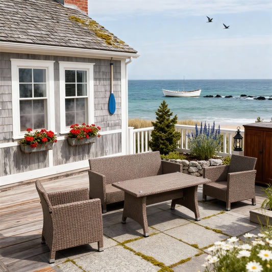 SFTZ2626 Light Brown Wicker Outdoor Lounge & Dining Set – Cape Cod American Coastal Cottage Patio Luxury Outdoor Social Furniture Set