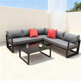 WLSF2512 Black Metal L-Shaped Outdoor Sectional Sofa Set with Tempered Glass Table – Dubai Rooftop Modern Contrast Color Patio Furniture