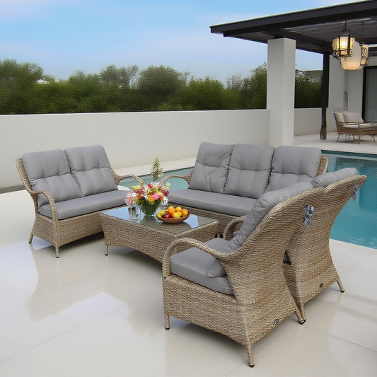 Light Brown Wicker Patio Conversation Set with Glass Coffee Table – Stylish Outdoor Lounge Furniture
