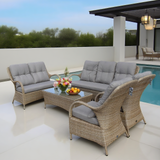 SFTZ2505 Light Brown Wicker Patio Conversation Set with Glass Coffee Table – Stylish Outdoor Lounge Furniture