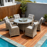 TBDS251804-6S Light Brown Wicker Coastal Luxury Outdoor Dining Set with Light Grey Tufted High-Back Cushions & Glass Lazy Susan Round Table – Stylish Patio Furniture