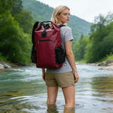 WBP1904 Burgundy Roll Top Waterproof Dry Backpack with Mesh Side Pockets for Camping Hiking Kayaking