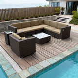 SFTZ2568 Dark Brown Wicker L - Shaped Outdoor Sectional Set with Red & Black Cushions, Glass Coffee Table & Side Table – Stylish Patio Furniture