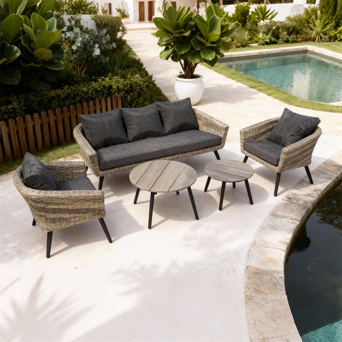 Mixed Grey Wicker Outdoor Lounge Set with Dark Grey Cushions & Wooden - Look Coffee Tables – Stylish Patio Furniture