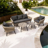 SFTZ2583 Mixed Grey Wicker Outdoor Lounge Set with Dark Grey Cushions & Wooden - Look Coffee Tables – Stylish Patio Furniture