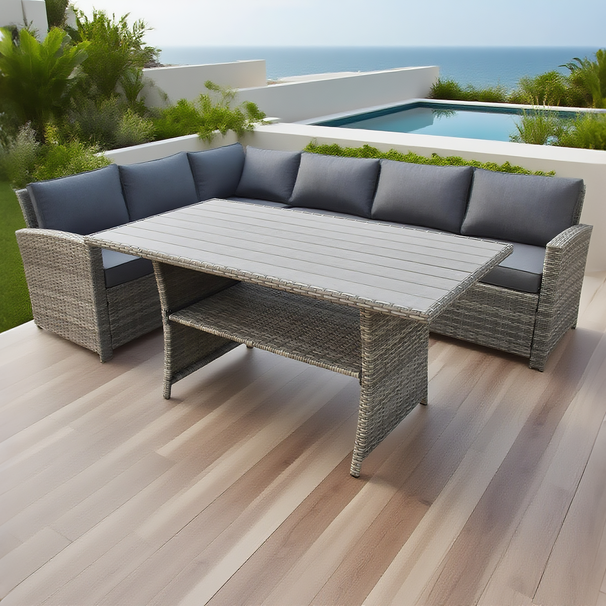 Grey Wicker L - Shaped Outdoor Sectional Set with Faux Wood Dining Table – Stylish Patio Furniture