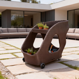 RSB2503 Rolling Brown Wicker Garden Cart with Planter Shelves – Coastal Patio Storage Trolley