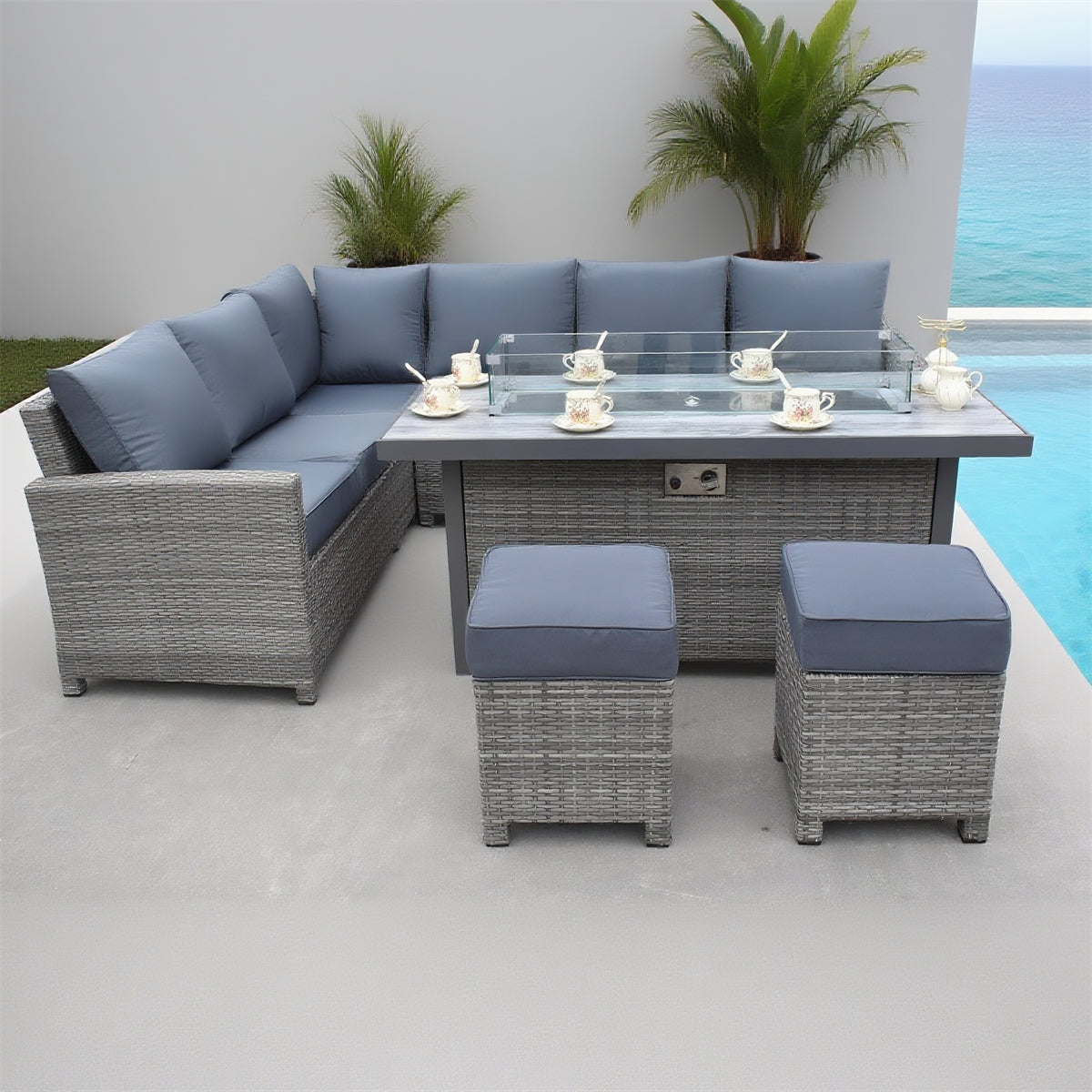 Grey Wicker L - Shaped Outdoor Sectional Set with Propane Fire Pit Table & Ottomans – Stylish Patio Furniture