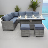 SFTZ2546 Grey Wicker L - Shaped Outdoor Sectional Set with Propane Fire Pit Table & Ottomans – Stylish Patio Furniture