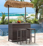 BTY2507 3-Piece Tropical Rattan Bar Set with Palm Roof – Beachfront Poolside Furniture