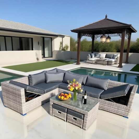 Wholesale(MOQ 50 Pieces) 9 Pieces Rattan Corner L-Shaped Sofa With 6-Seater Lounge Chairs Set & Two Ottomans Can Be Stored Under Coffee Table(Included)