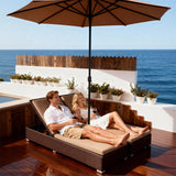 TYSF2576 Black Rattan Modular Double Outdoor Daybed with Turquoise Cushions & Umbrella – Phuket Thailand Coastal Terrace Luxury Vibrant Outdoor Modular Daybed Set