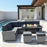 SFTZ2502 6-Seater 9 Pieces Set Modular L-Shaped  Rattan Corner Conversation Sofa Set Chairs Set  With Dining Table & Two Ottomans(Stools)