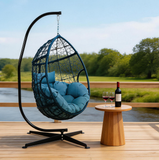 SWC2654 Single Seat Black Wicker Hanging Egg Chair with Stand & Teal Cushion – Zen Garden Poolside Patio Swing Lounge Chair Set