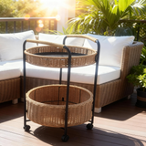 RSB2502 2-Tier Round Rattan Rolling Cart with Wheels – Patio Wicker Storage Trolley