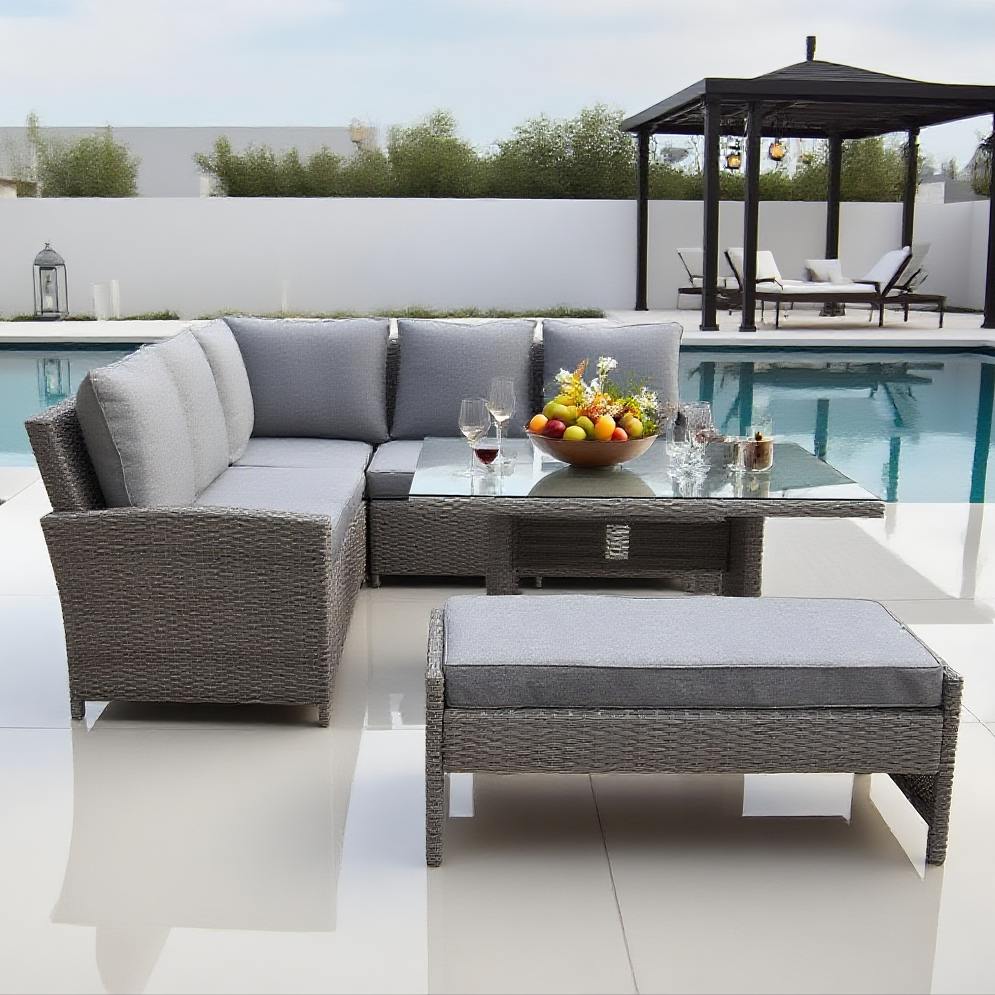 Light Grey Wicker L - Shaped Outdoor Sectional Set with Glass Dining Table & Ottoman – Stylish Patio Furniture