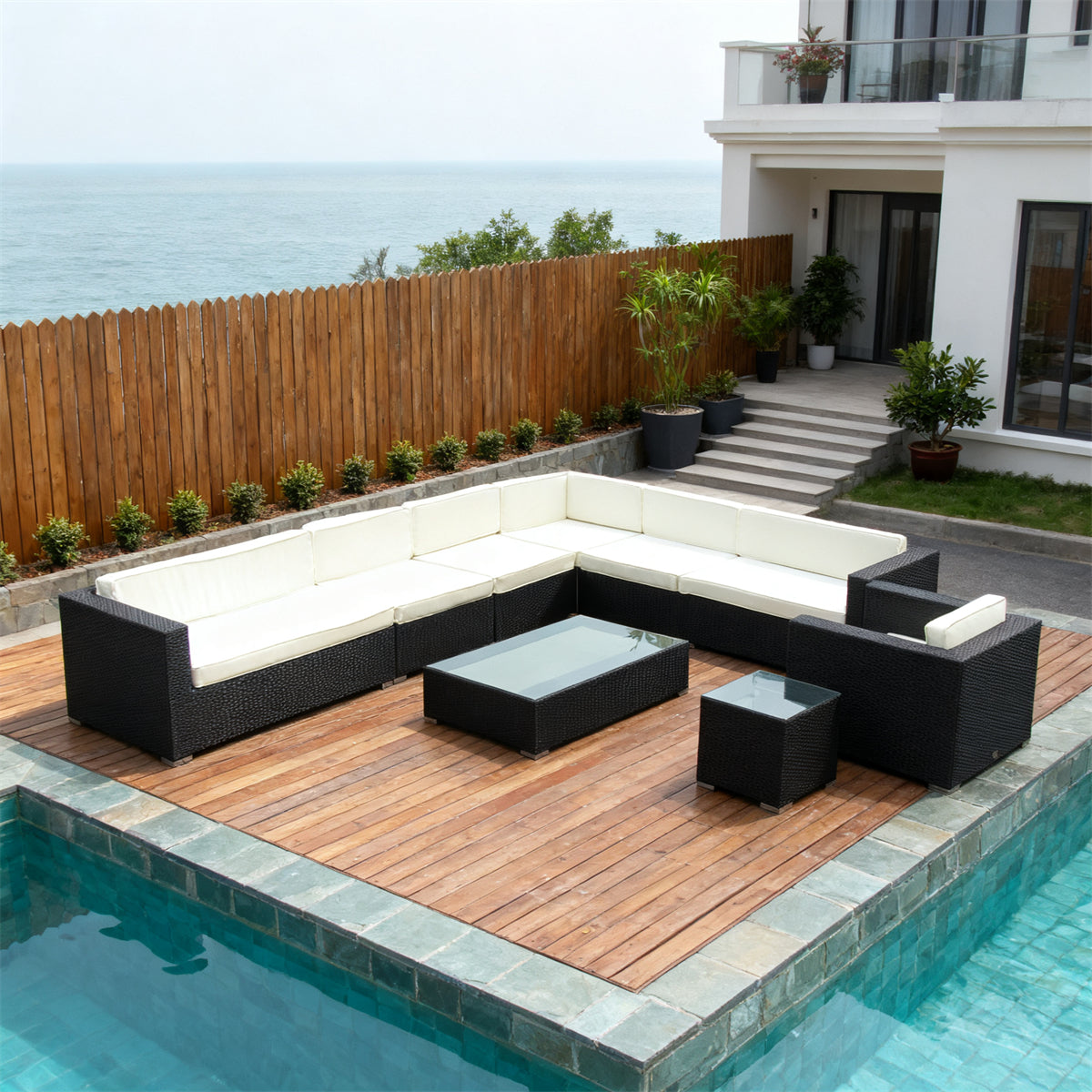 Dark Brown Wicker L - Shaped Outdoor Sectional Set with Red & Black Cushions, Glass Coffee Table & Side Table – Stylish Patio Furniture