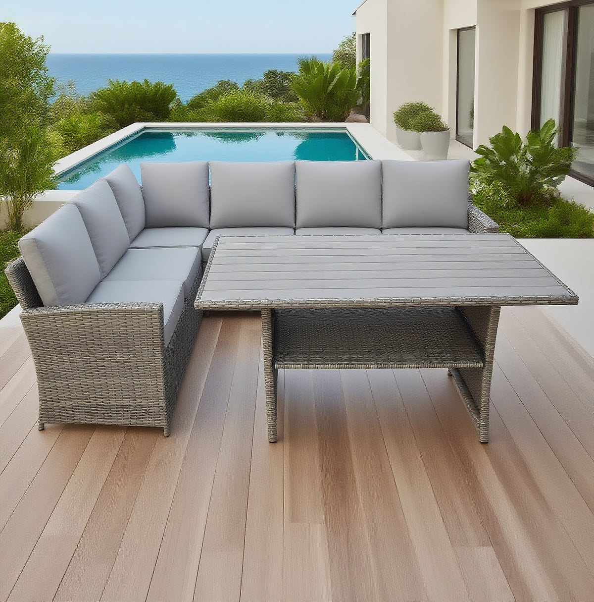 Grey Wicker L - Shaped Outdoor Sectional Set with Faux Wood Dining Table – Stylish Patio Furniture