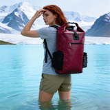 WBP1904 Burgundy Roll Top Waterproof Dry Backpack with Mesh Side Pockets for Camping Hiking Kayaking