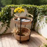 RSB2502 2-Tier Round Rattan Rolling Cart with Wheels – Patio Wicker Storage Trolley