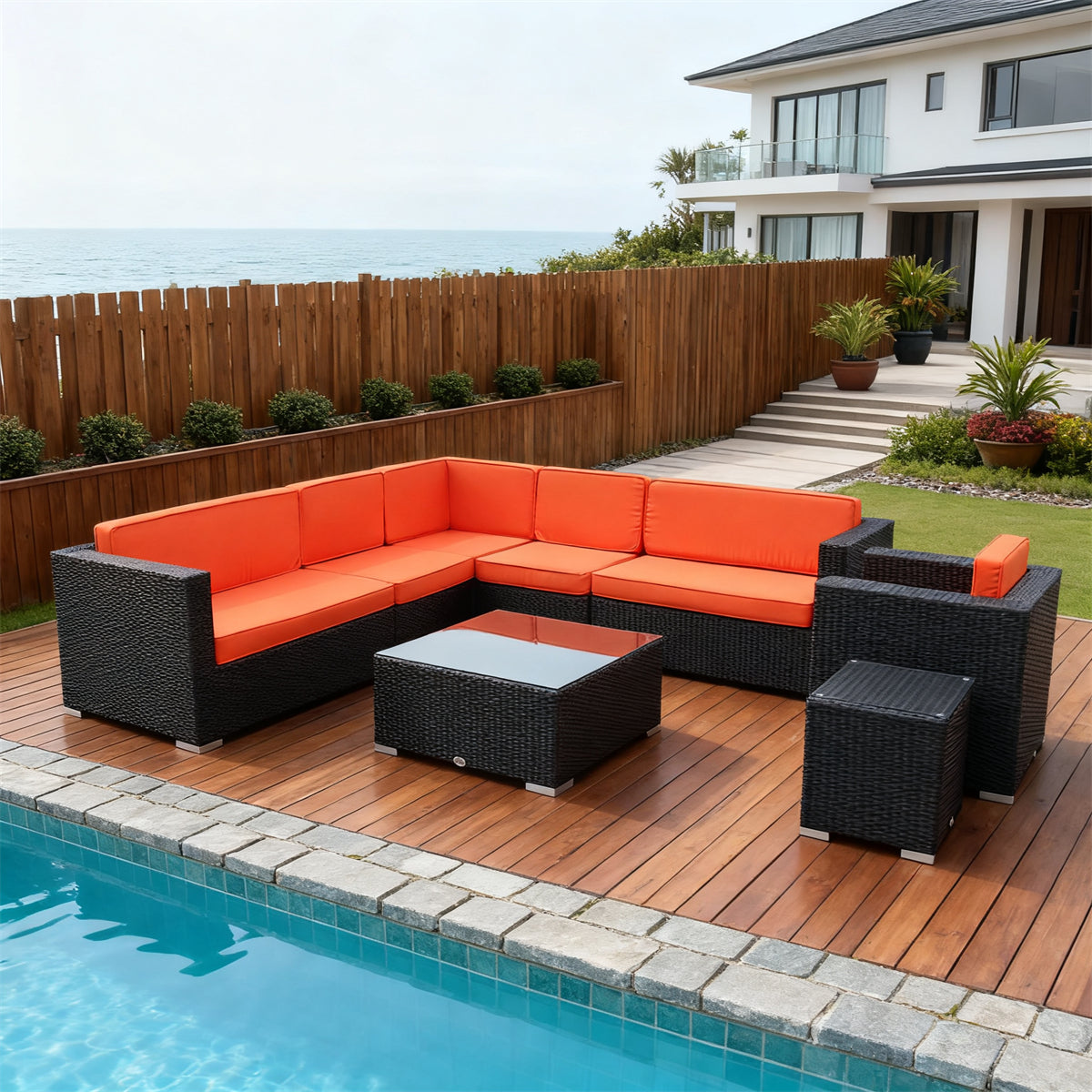 Dark Brown Wicker L - Shaped Outdoor Sectional Set with Red & Black Cushions, Glass Coffee Table & Side Table – Stylish Patio Furniture