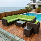 SFTZ2568 Dark Brown Wicker L - Shaped Outdoor Sectional Set with Red & Black Cushions, Glass Coffee Table & Side Table – Stylish Patio Furniture
