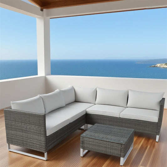 SFTZ2635 Grey Wicker L-Shaped Outdoor Lounge Set with Cream Cushions – Greek Aegean Cliff Terrace 3-Piece Luxury Outdoor Social Furniture Set