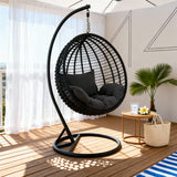 SWC261101 Black Wicker Hanging Egg Chair with Stand & Cushion – Modern Patio Swing Lounge Chair Set