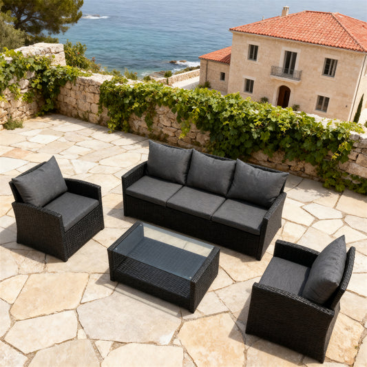 Dark Grey Wicker Outdoor Lounge Set with Dark Grey Cushions & Glass Coffee Table – Stylish Patio Furniture