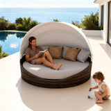 TYSF2625 Dark Brown Rattan Round Enclosed Outdoor Daybed with White Canopy, Grey-Brown Pillows & Light Grey Cushions – Byron Bay Australia Coastal Terrace Luxury Family Outdoor Round Daybed