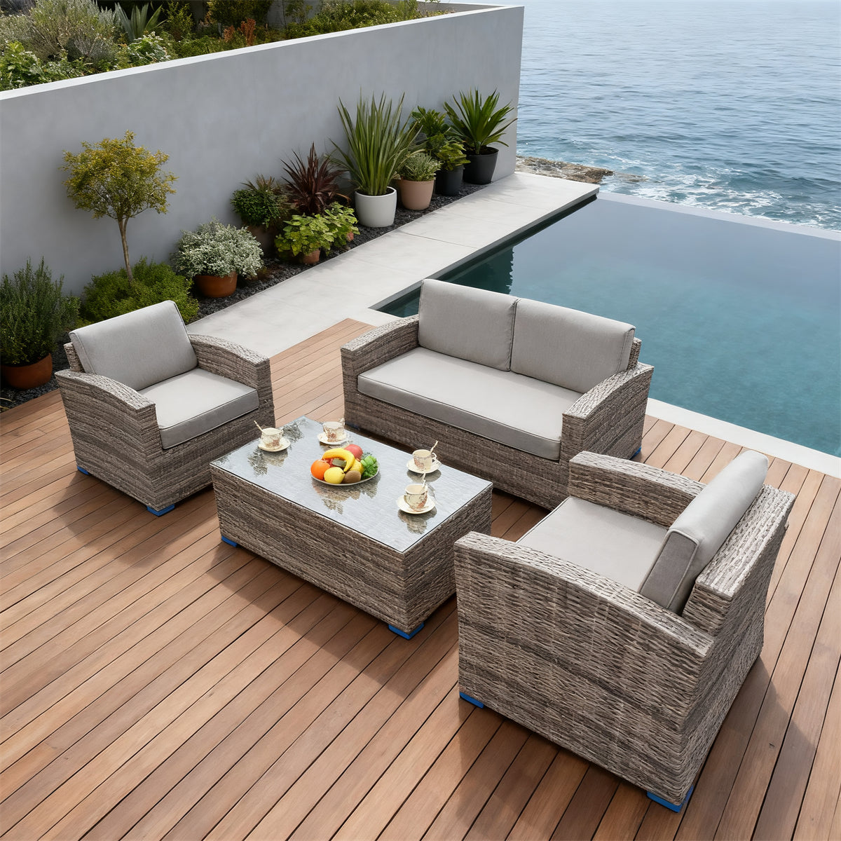 Grey Wicker Outdoor Lounge Set with Glass Coffee Table – Stylish Patio Furniture