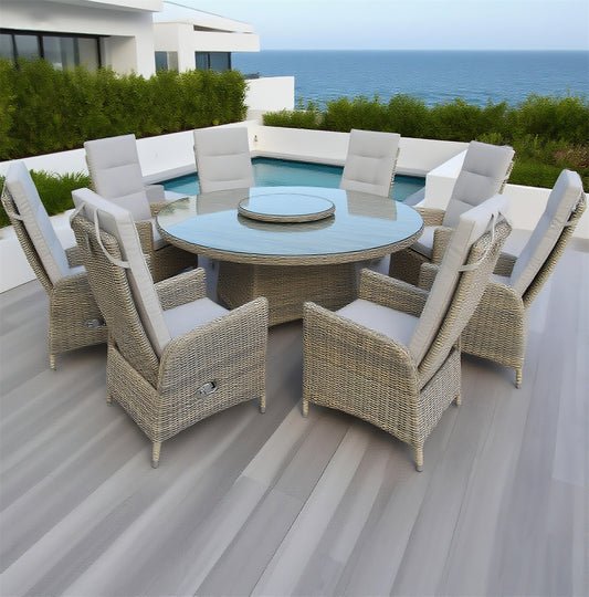 Light Grey Wicker 8 - Piece Outdoor Dining Set with Round Glass Table & Lazy Susan – Stylish Patio Furniture
