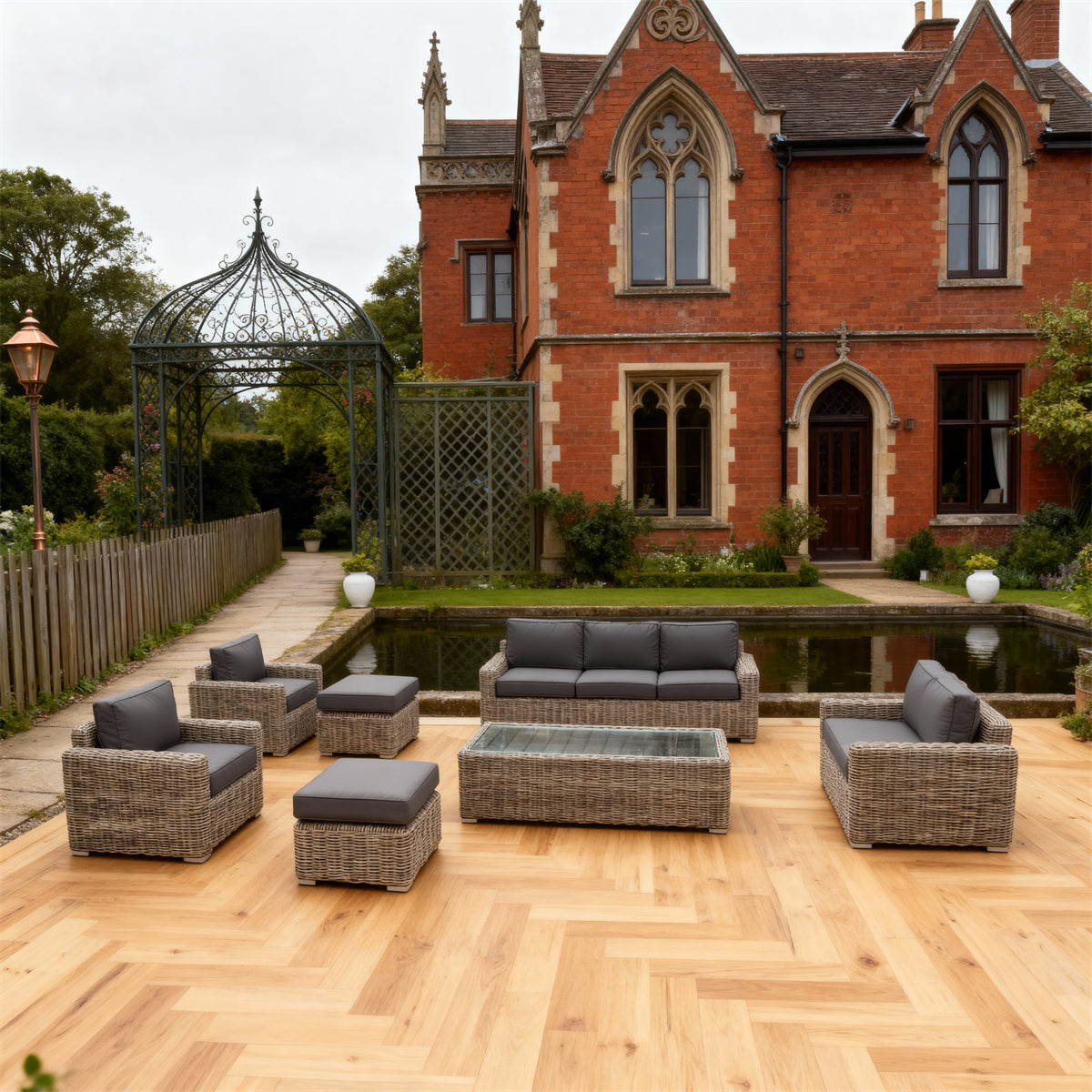 Mixed Brown Wicker Outdoor Lounge Set with Dark Grey Cushions, Glass Coffee Table & Ottomans – Luxury Patio Furniture