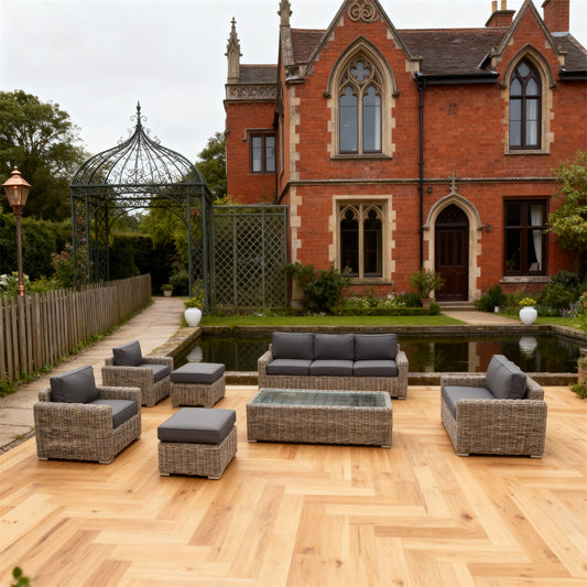 Mixed Brown Wicker Outdoor Lounge Set with Dark Grey Cushions, Glass Coffee Table & Ottomans – Luxury Patio Furniture