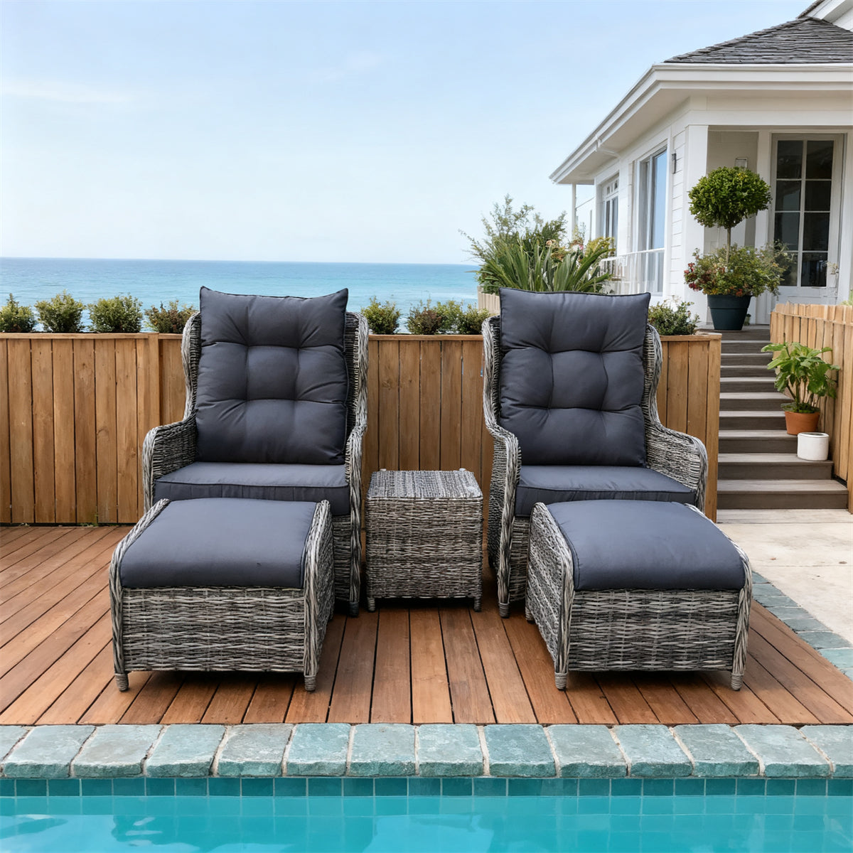 Grey Wicker Outdoor Lounge Chair Set with Ottomans & Side Table – Stylish Patio Furniture