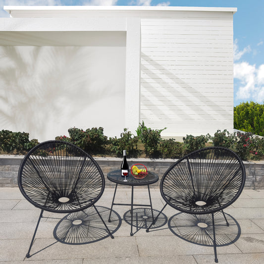 BST250203 All-Black Radial Weave & Metal Frame Modern Minimalist Patio 2-Piece Outdoor Bistro Set – Matching Radial Weave Round Table