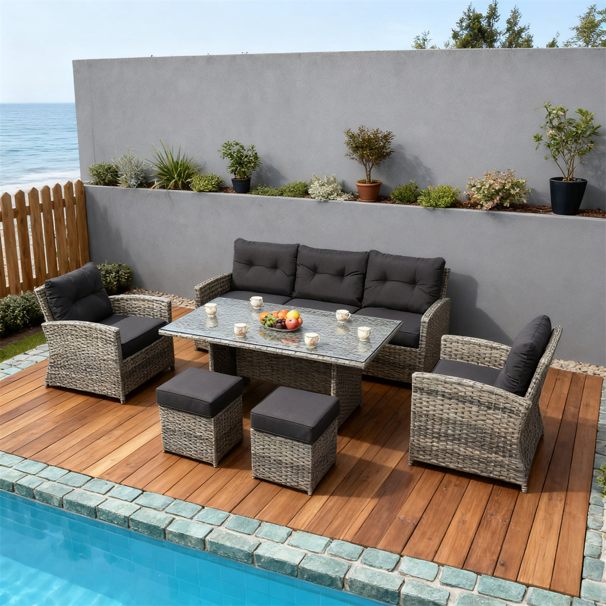Grey Wicker Outdoor Lounge Set with Glass Dining Table & Ottomans – Stylish Patio Furniture