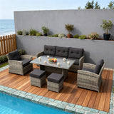 SFTZ2561 Grey Wicker Outdoor Lounge Set with Glass Dining Table & Ottomans – Stylish Patio Furniture