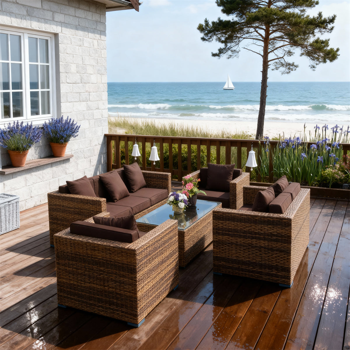 SFTZ261207 Brown Wicker Outdoor Lounge Set with Dark Brown Cushions – Baltic Sea Coastal Cottage Patio Luxury Outdoor Social Furniture Set