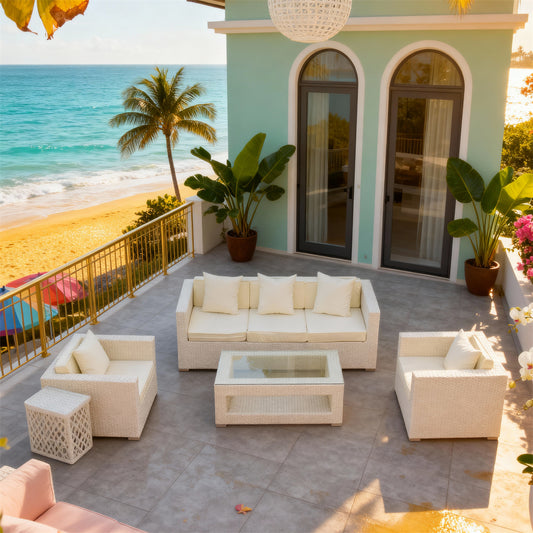 SFTZ261202 White Wicker Outdoor Lounge Set with Cream Cushions – Caribbean Beachfront Resort Villa Patio Luxury Social Furniture Set
