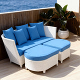 TYSF2588 White Rattan Modular L-Shaped Outdoor Sofa Set with Sky Blue Cushions & Ottomans – Aruba Caribbean Coastal Terrace Luxury Vibrant Outdoor Sofa Set
